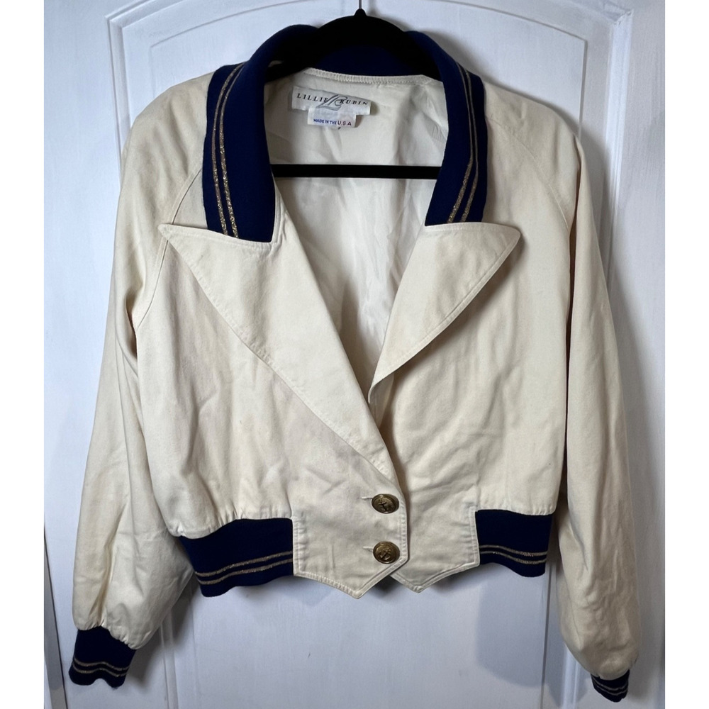 Vintage Lillie Rubin Sailor Style Jacket Cream W/ Gold Trim Buttons Sz 12 USA
